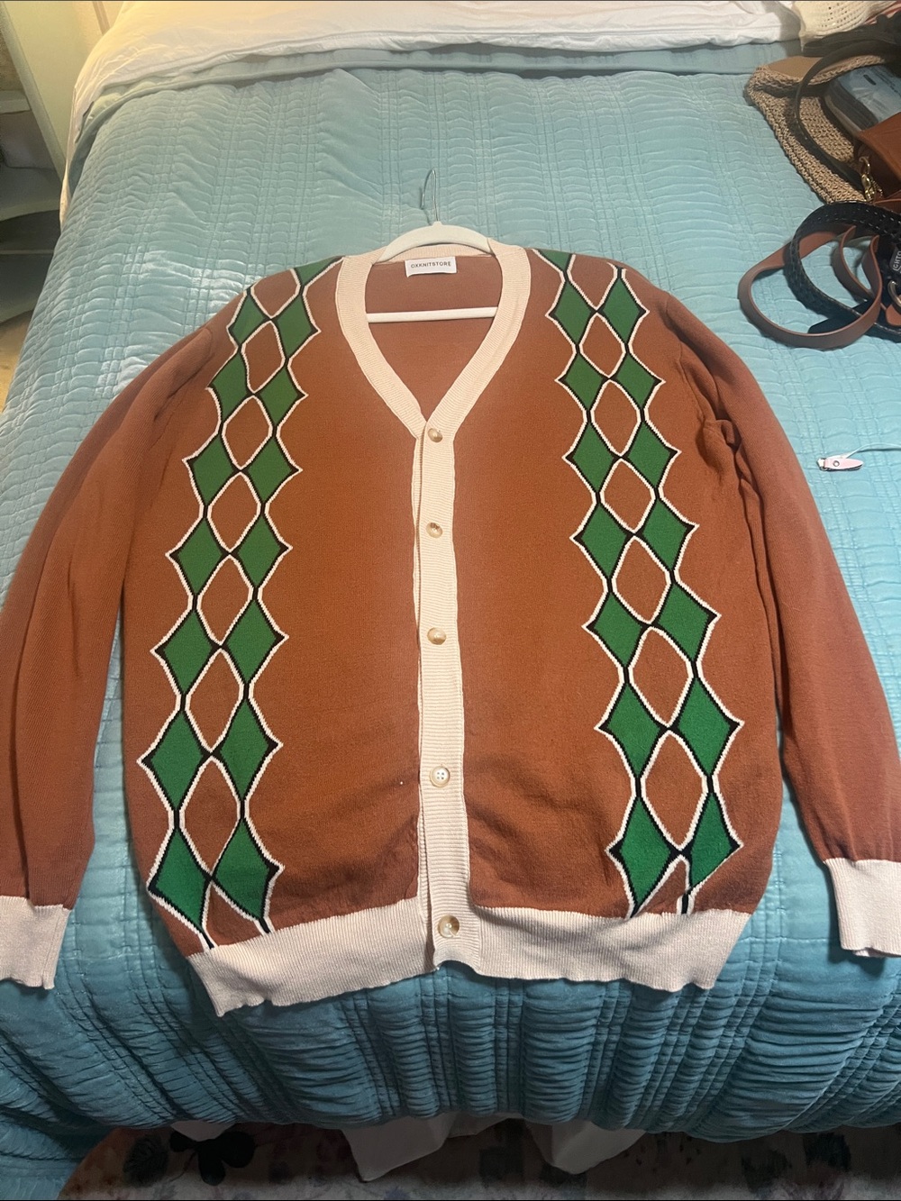 Oxknit store Men's Brown & Green Argyle Cardigan Sweater